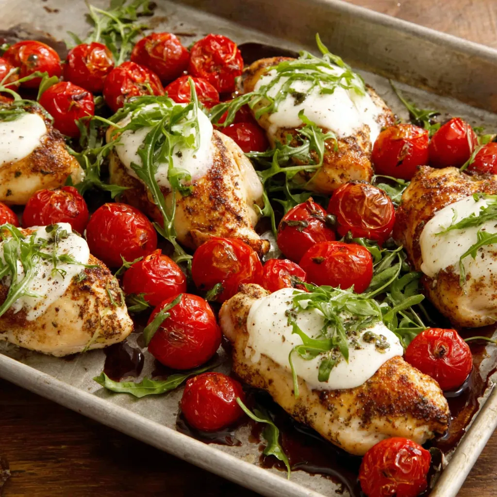 A pan of chicken with tomatoes and basil.