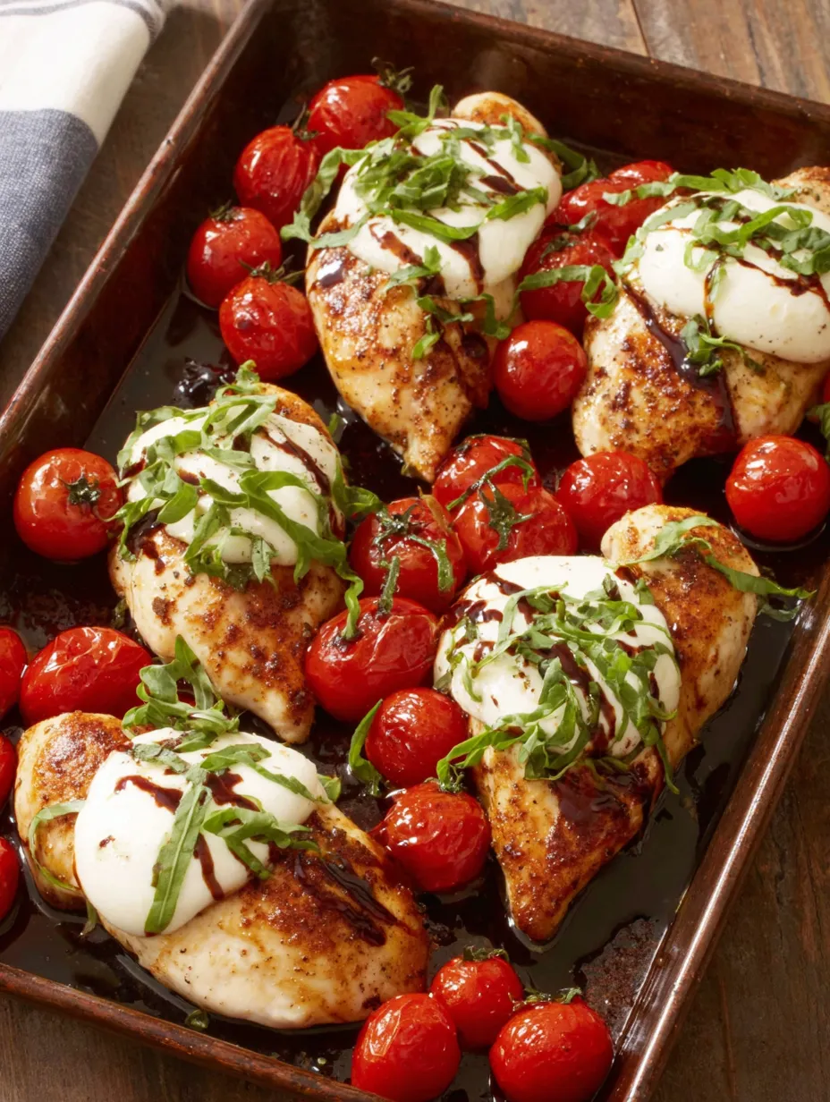 A pan of chicken with tomatoes and cheese.