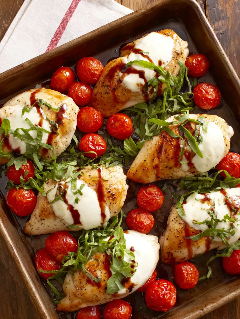 A pan of chicken with tomatoes and cheese.
