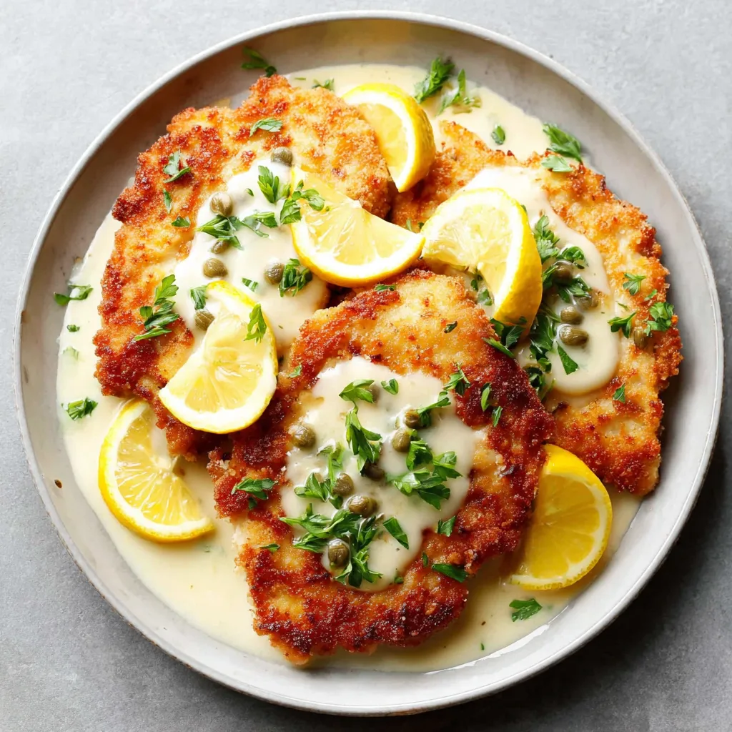 A plate of chicken piccata with lemon and capers.