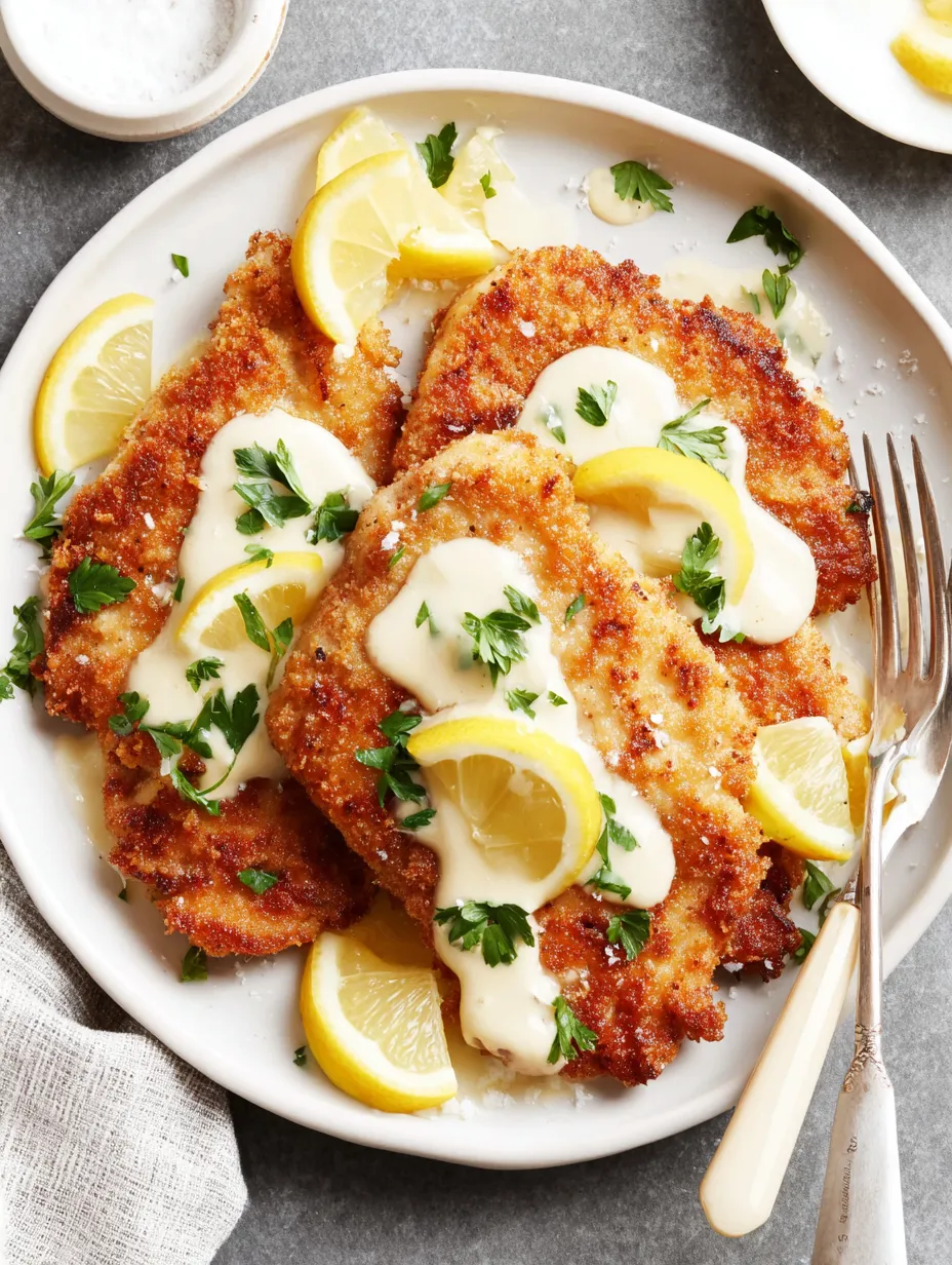 A plate of chicken piccata with lemon and white sauce.