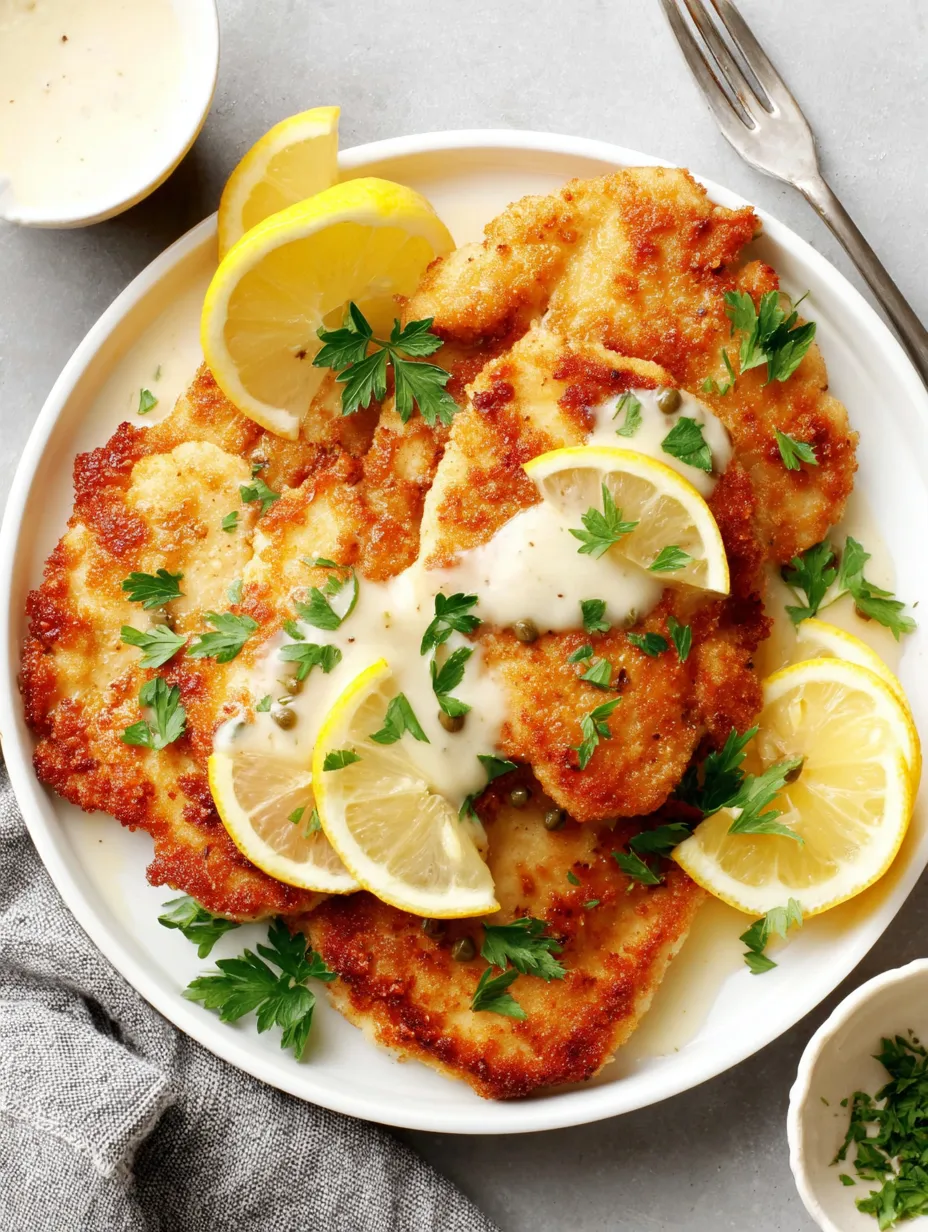 A plate of chicken piccata with lemon wedges on top.
