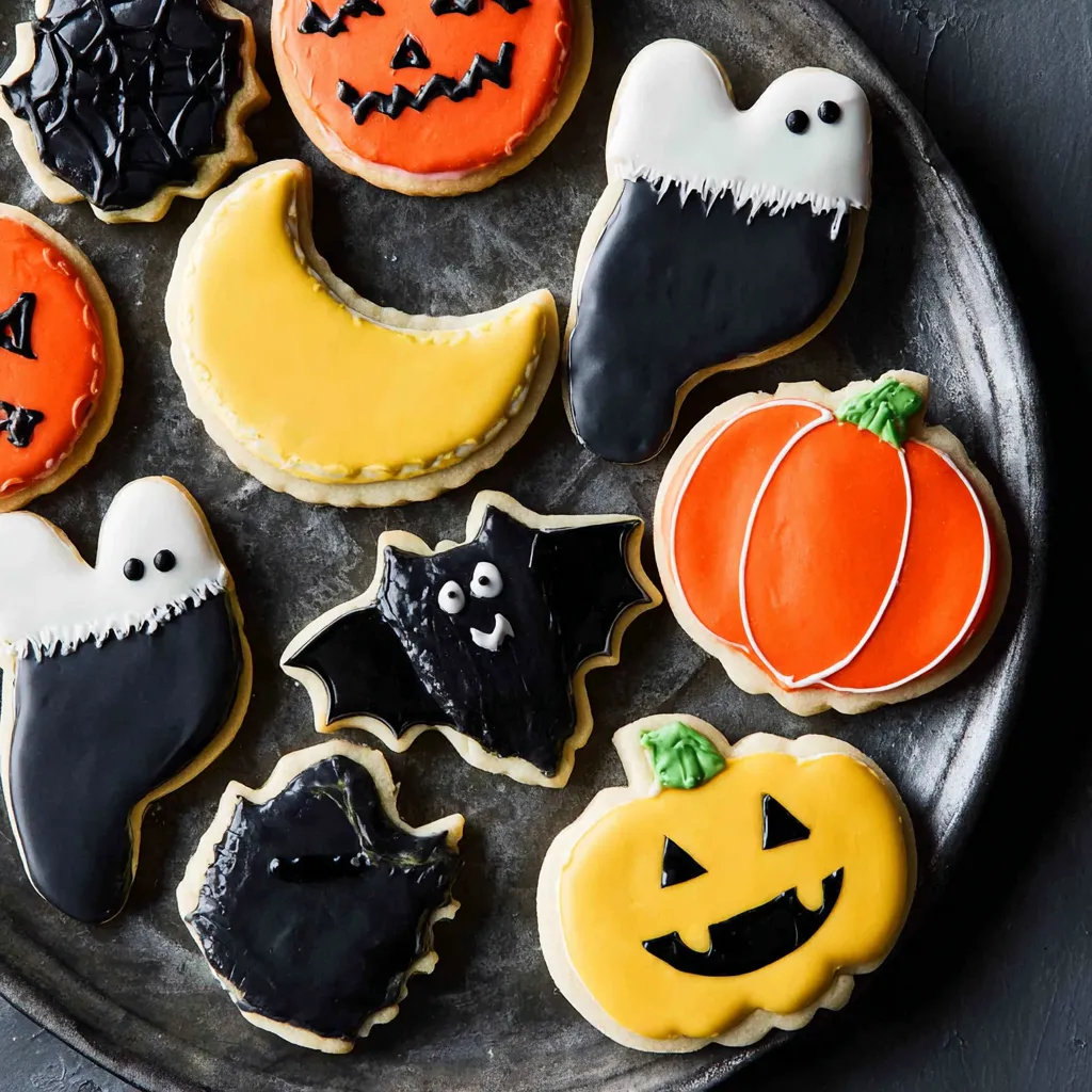 Halloween sugar cookies on a tray.