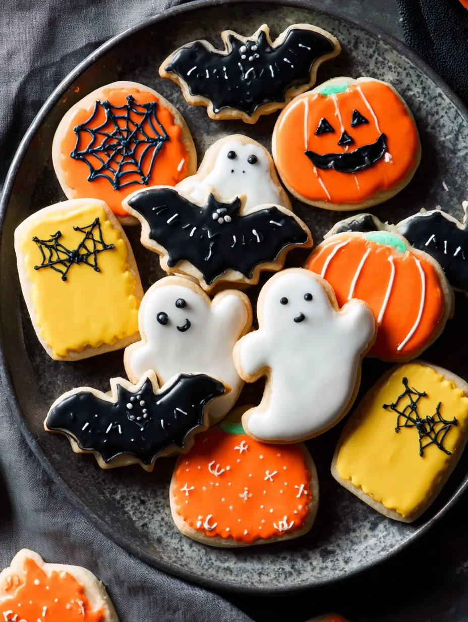 Halloween sugar cookies on a plate.