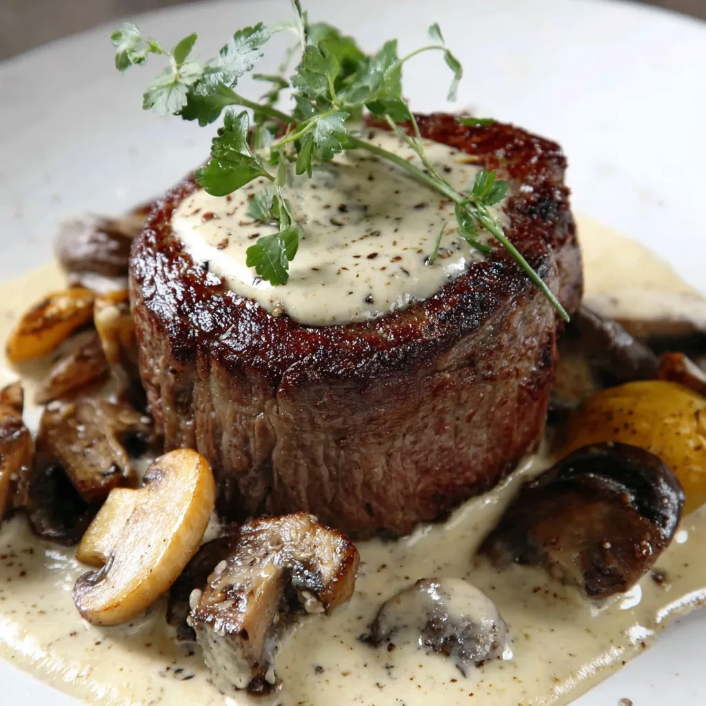 A delicious Filet Mignon with Mustard Cream and Wild Mushrooms.