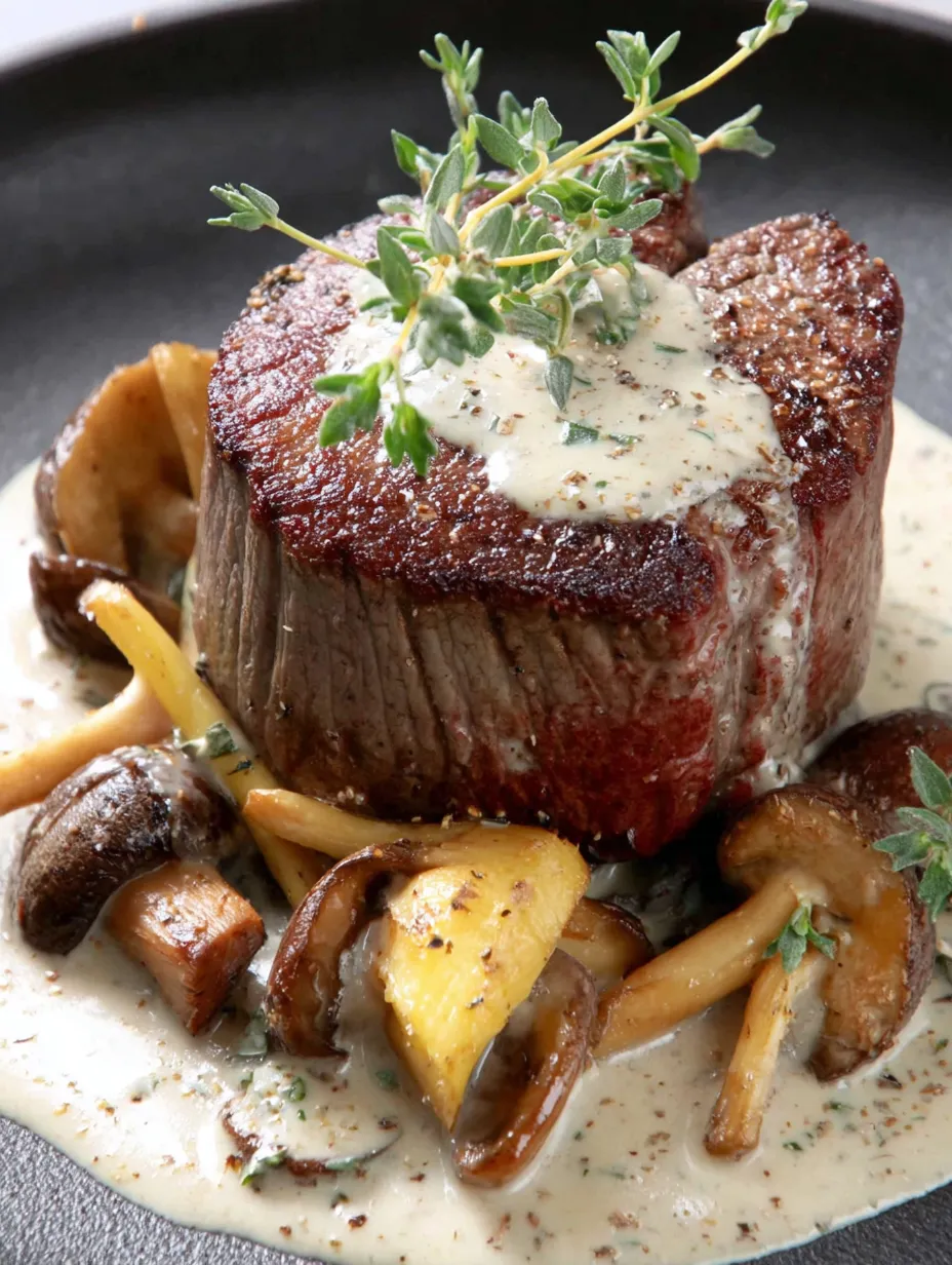 A delicious Filet Mignon with Mustard Cream and Wild Mushrooms.