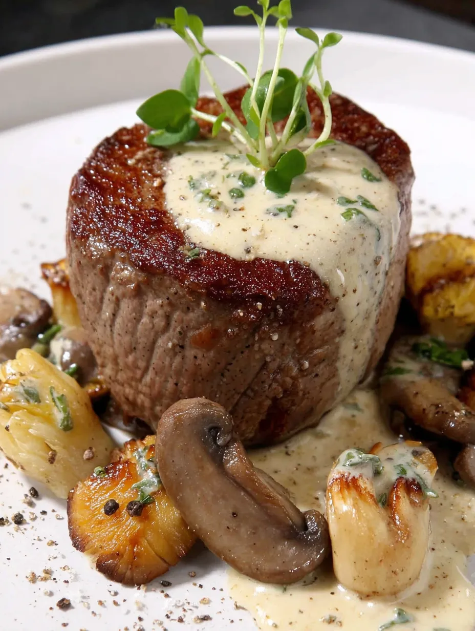 A piece of meat with a sauce and mushrooms on top.