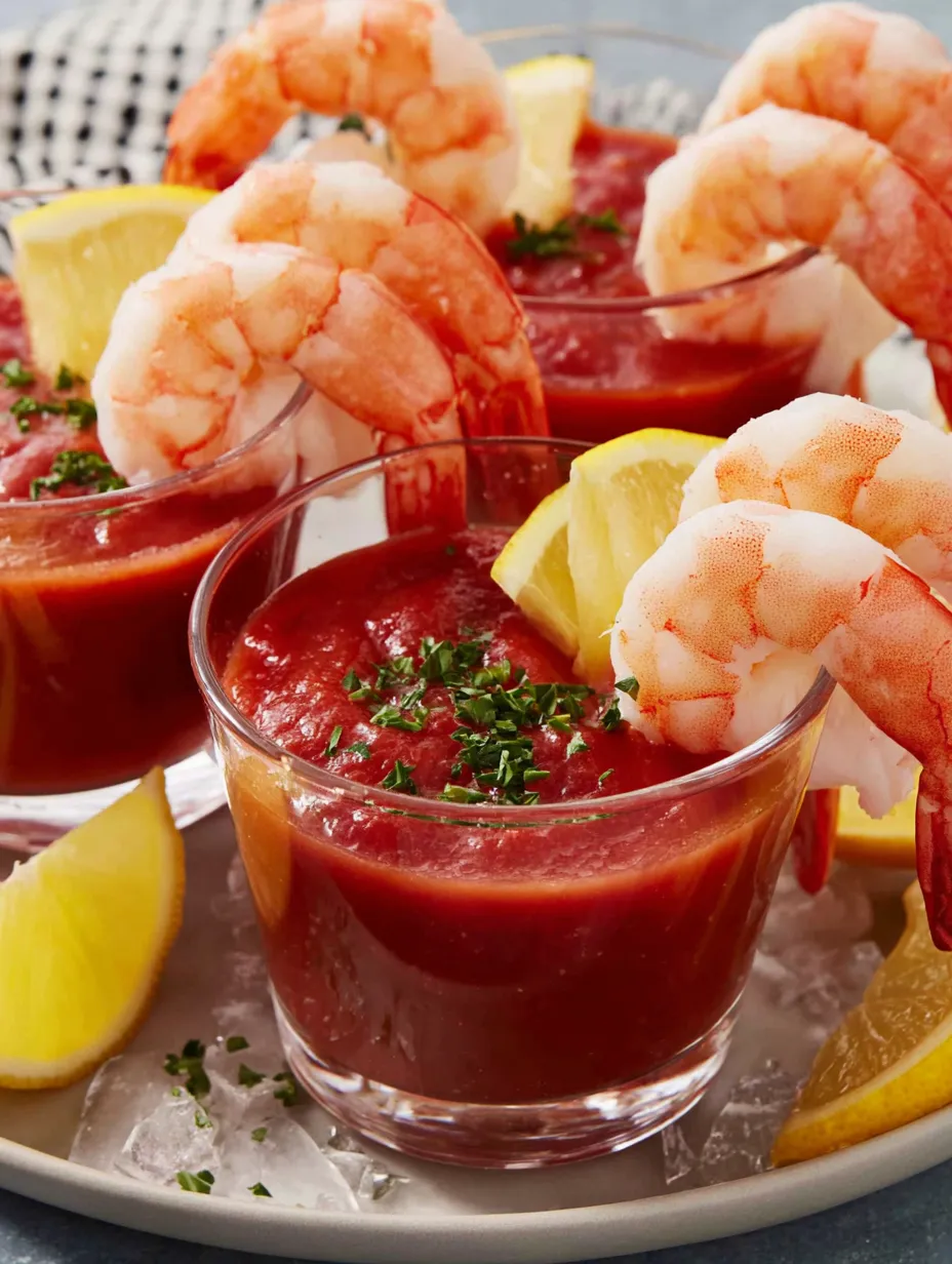 A glass of shrimp cocktail with a lemon wedge.