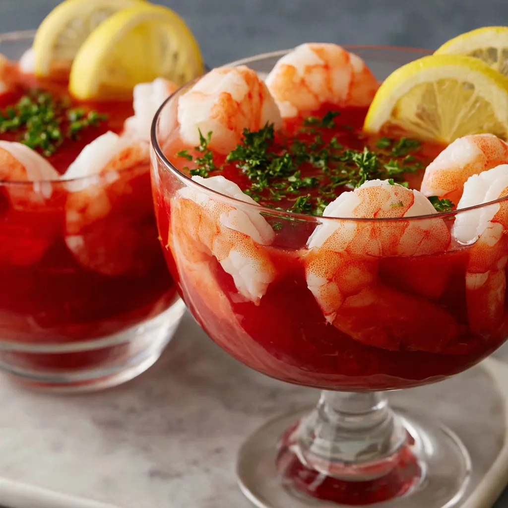 Two glasses of shrimp cocktail with lemon wedges.