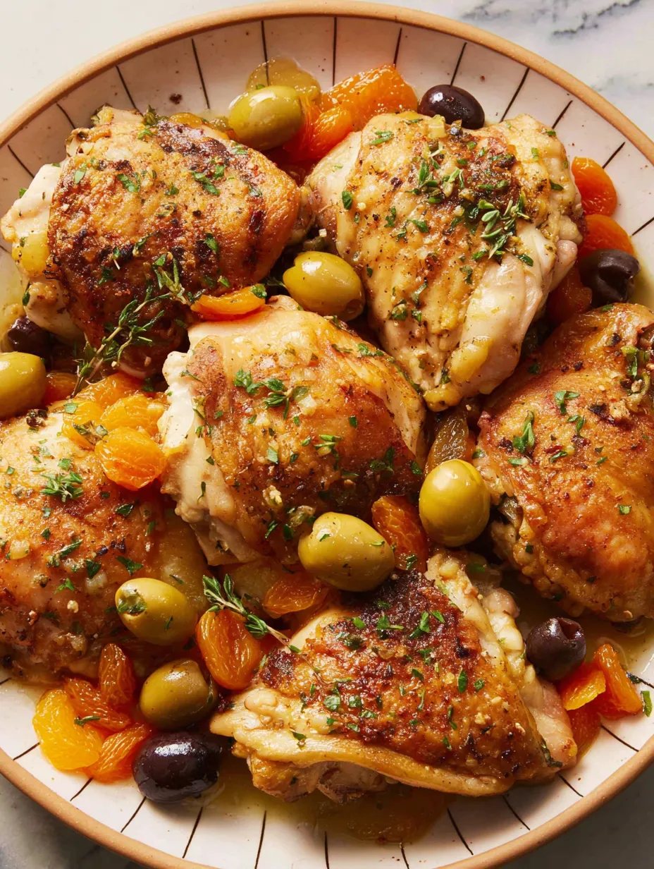 A plate of chicken with olives and herbs.
