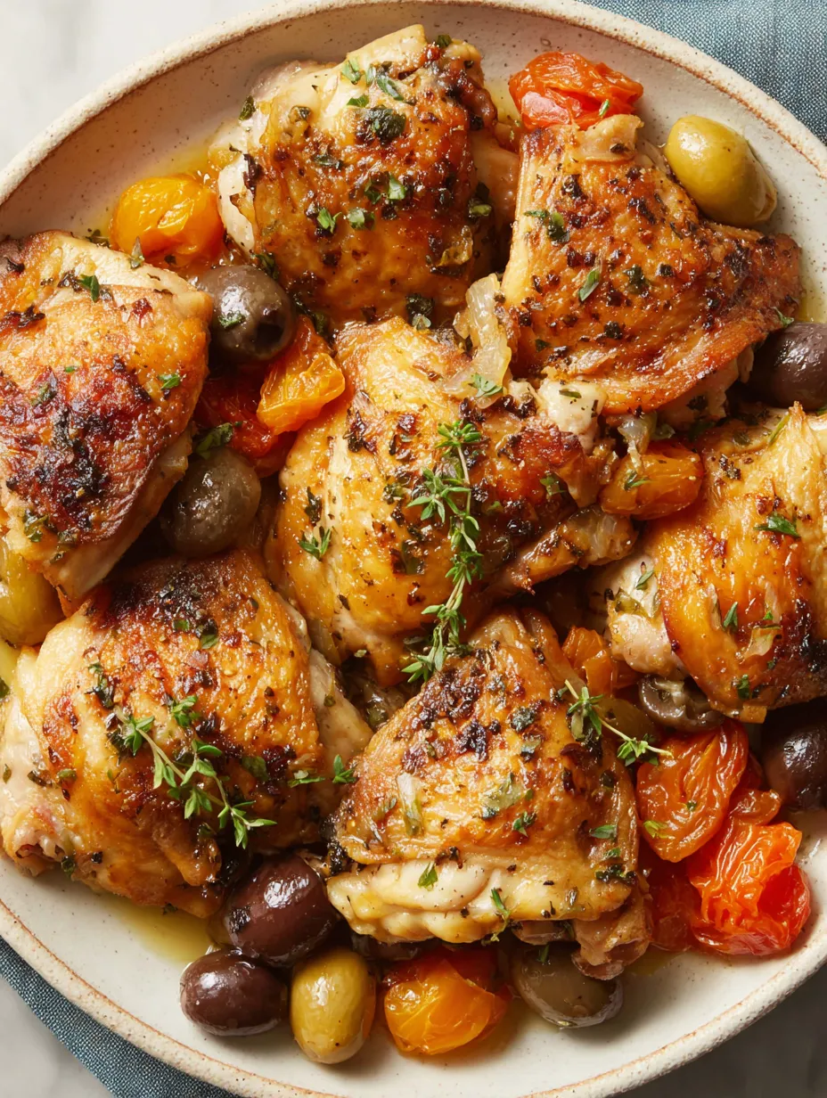 A dish of chicken with olives and herbs.