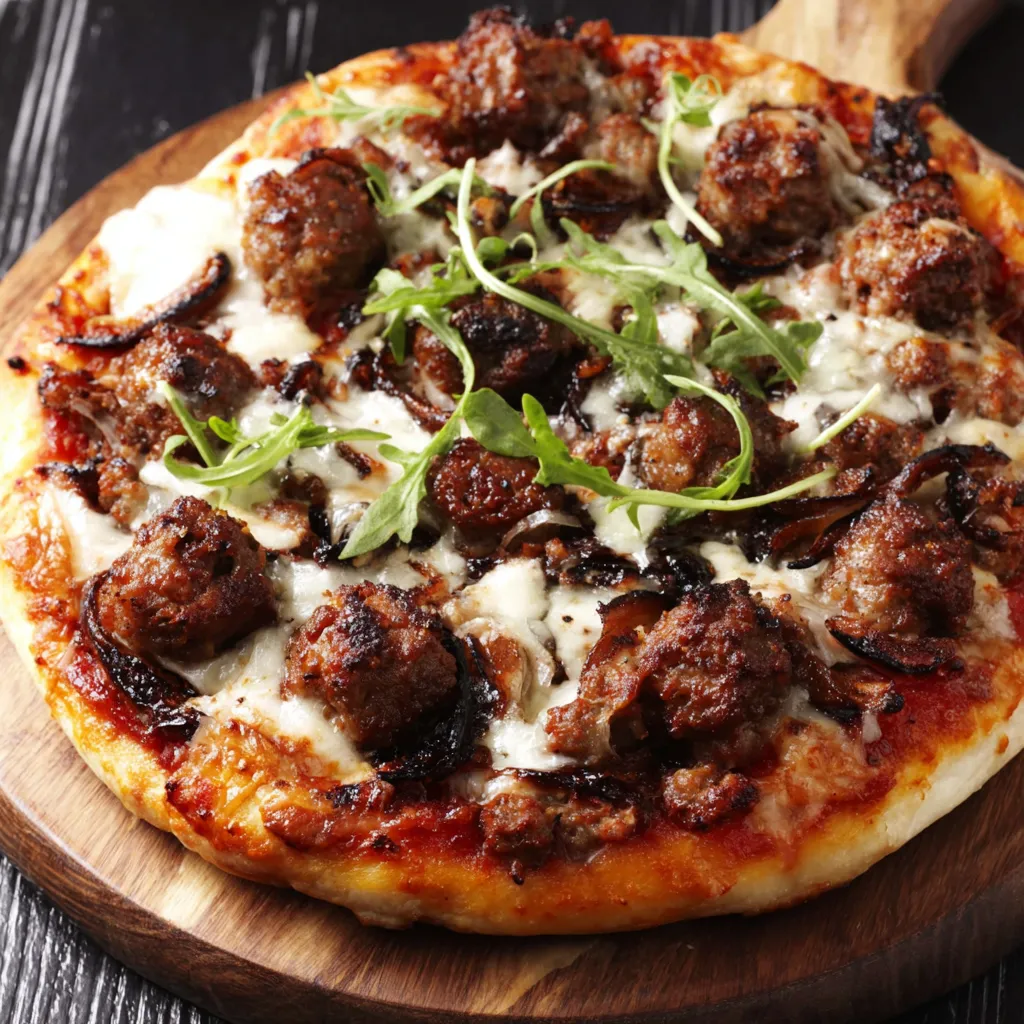 A pizza with meat and vegetables on it.