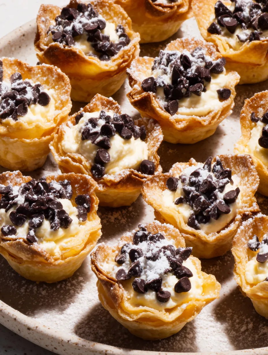 A plate of cannoli bites with chocolate and powdered sugar.