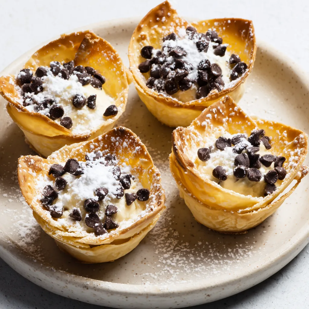 Four cannoli bites with white powdered sugar and chocolate chips.