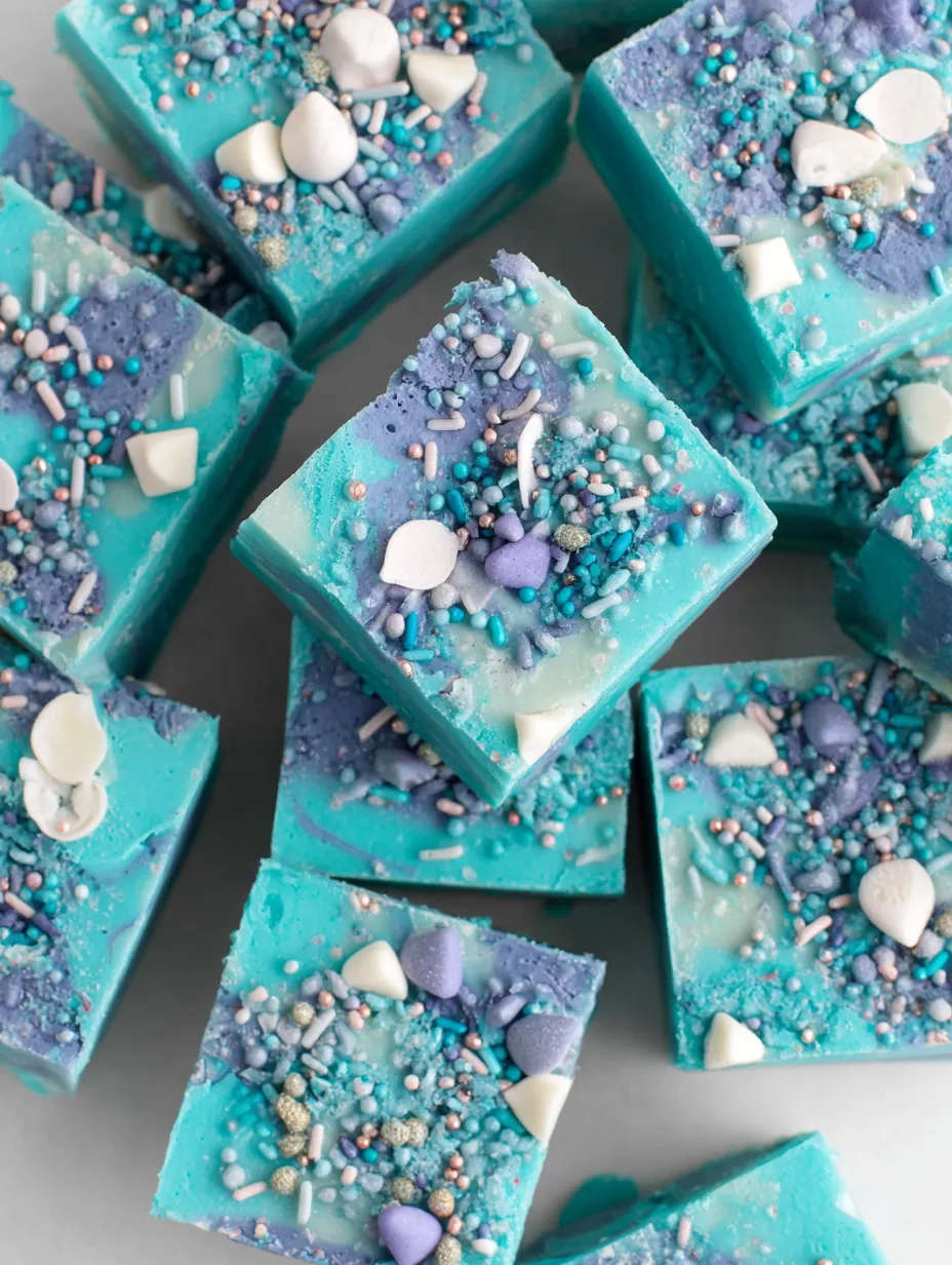A blue frozen fudge with white chocolate chips.