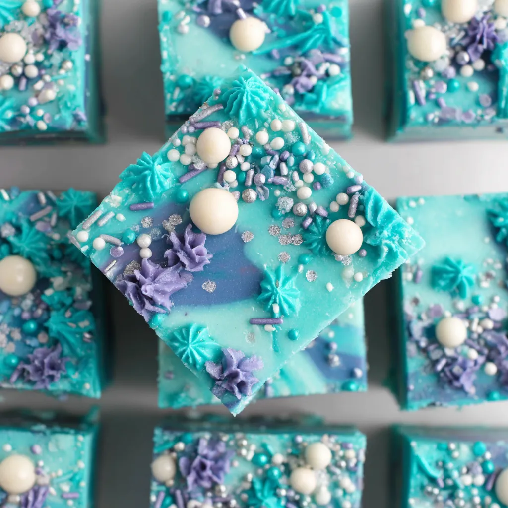 Blue frozen fudge with white balls.