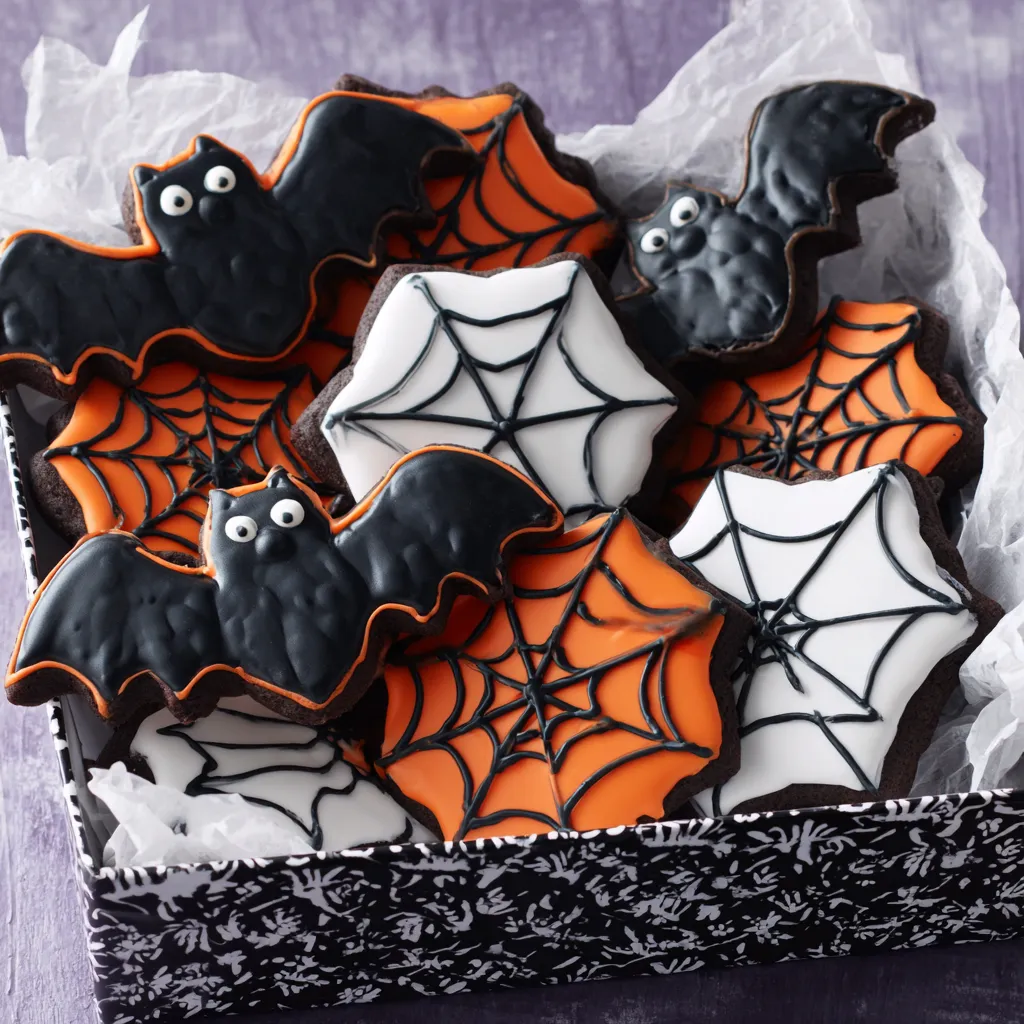 A box of Halloween cookies with bats and cobwebs on them.