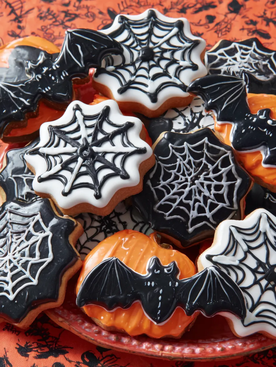 Bat and cobweb cookies for Halloween.