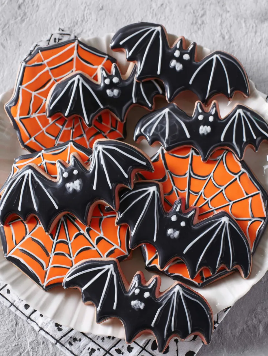 A plate of cookies with bats and cobwebs on them.