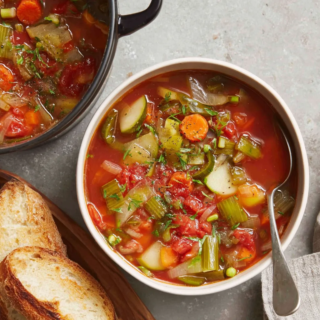 A bowl of soup with vegetables and a spoon.