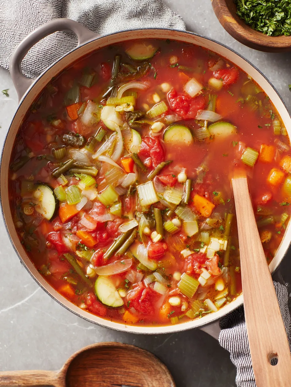 A bowl of soup with vegetables and a spoon.