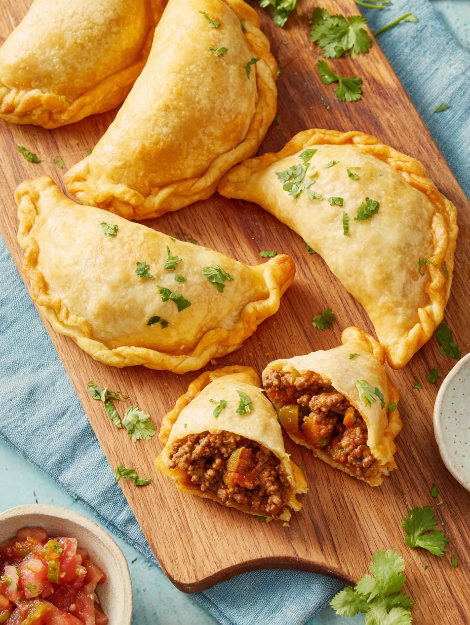 A wooden cutting board with several empanadas on it.