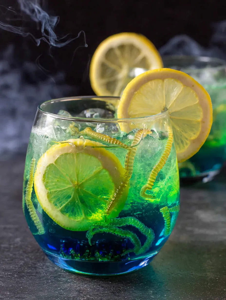 A glass of lemonade with a worm in it.