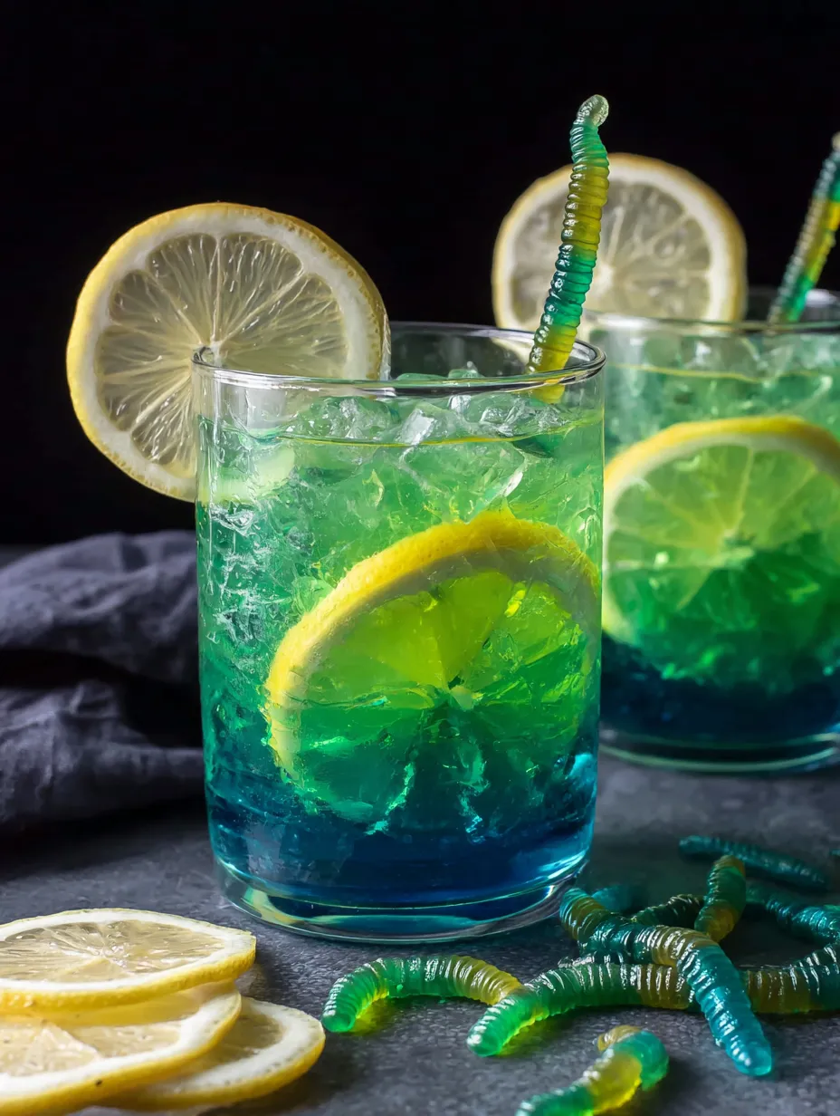 Two glasses of green and blue lemonade with lemon slices.