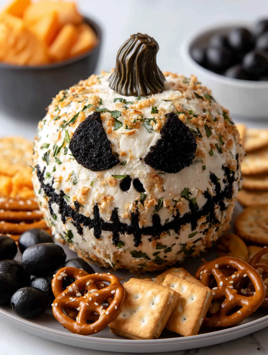 A cheese ball with a skull face on it.