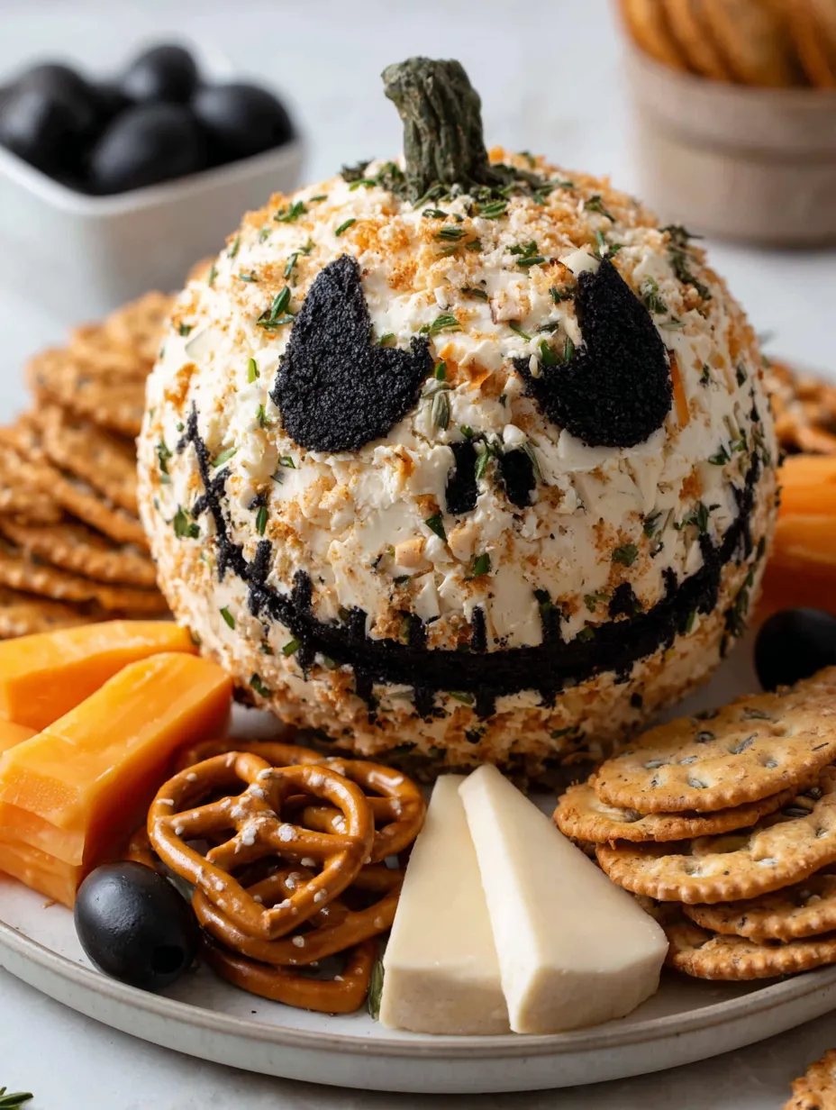 A cheese ball with a face made of cheese and crackers.