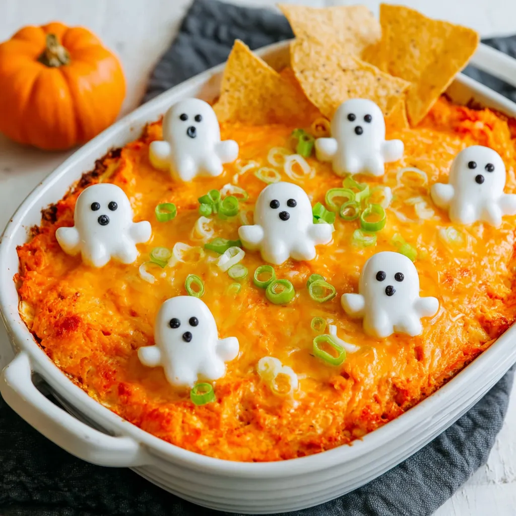 A dish of Halloween Buffalo Dip with ghost shaped chips.