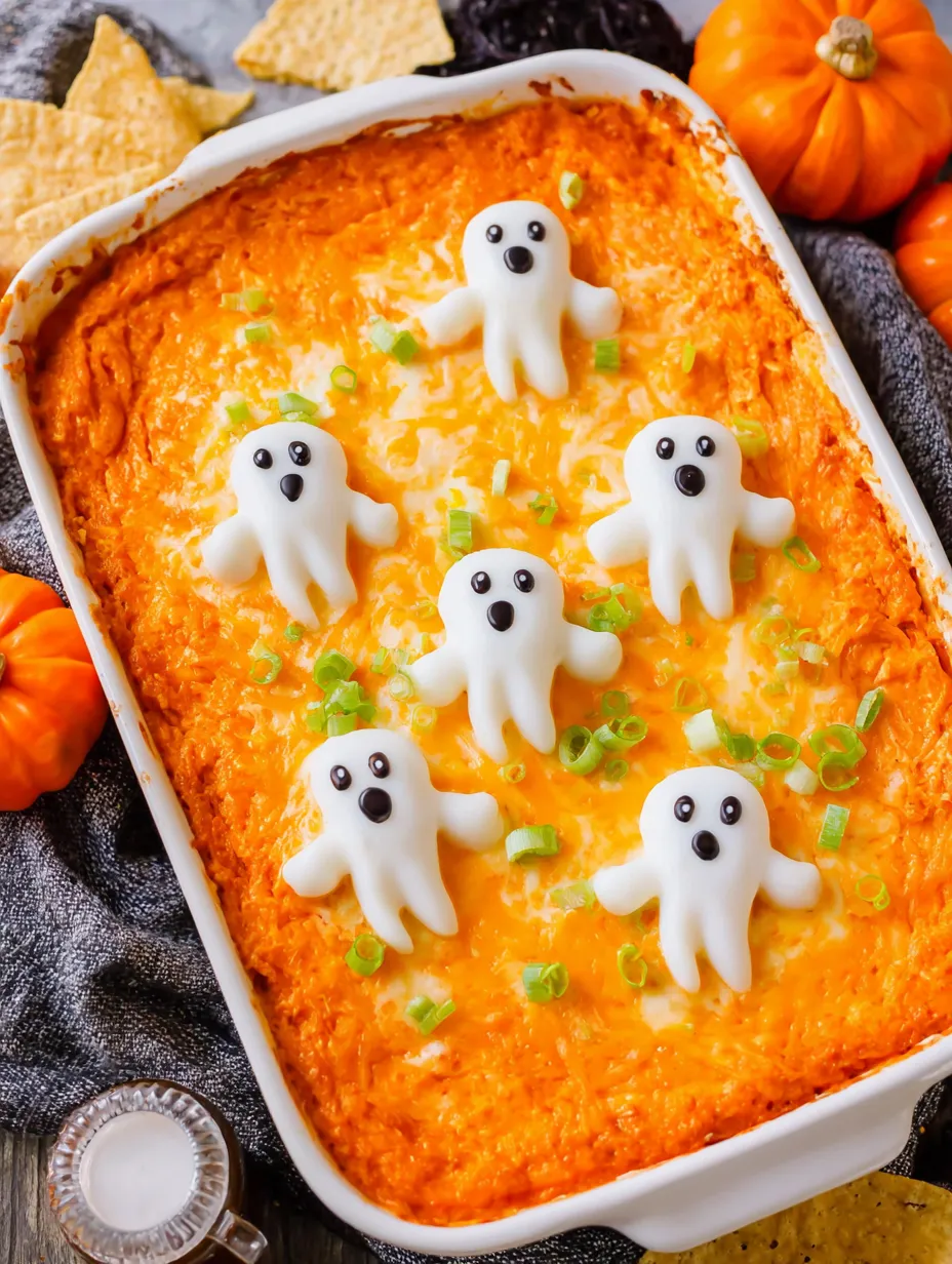 A dish of Halloween Buffalo Dip with ghost shaped toppings.