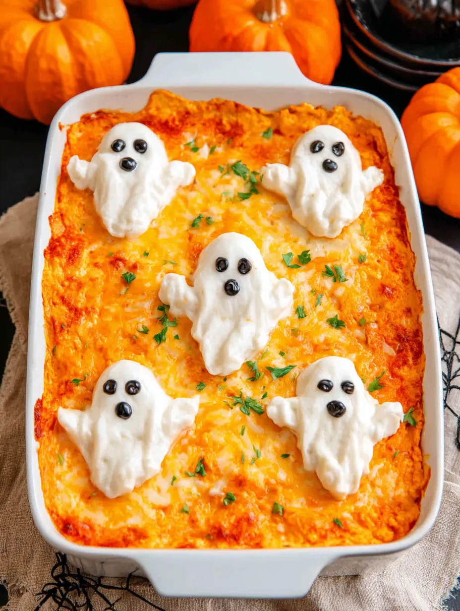 A dish of Halloween Buffalo Dip with four ghost shaped pieces of cheese.
