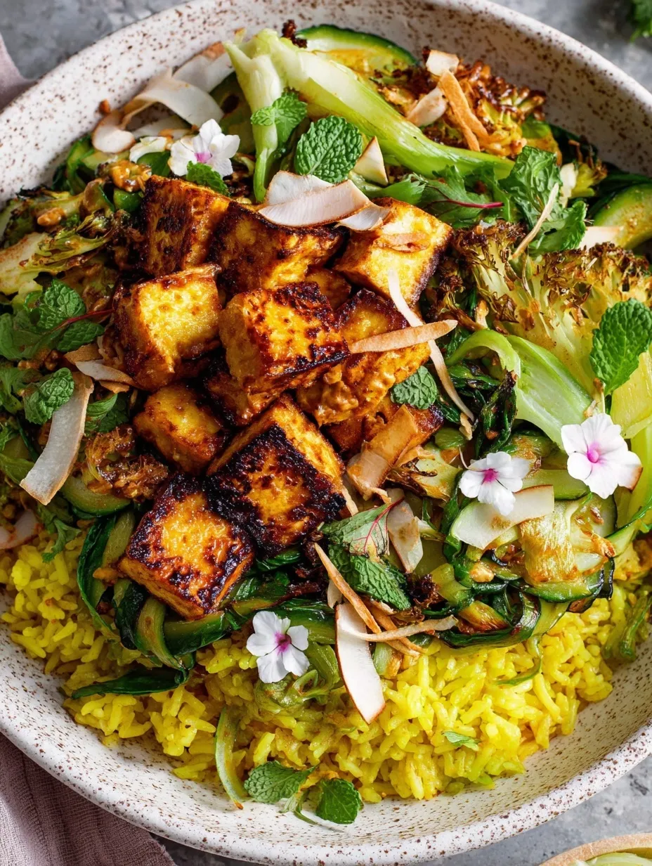 A bowl of coconut rice with vegetables and tofu.