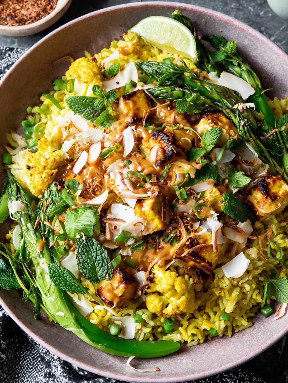 A bowl of rice with vegetables and coconut sauce.