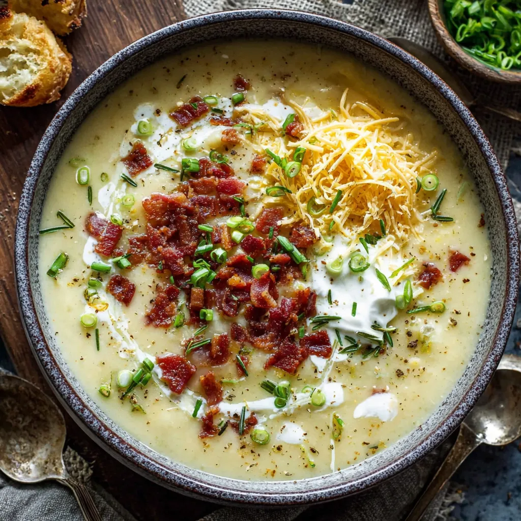 A bowl of soup with bacon and cheese.