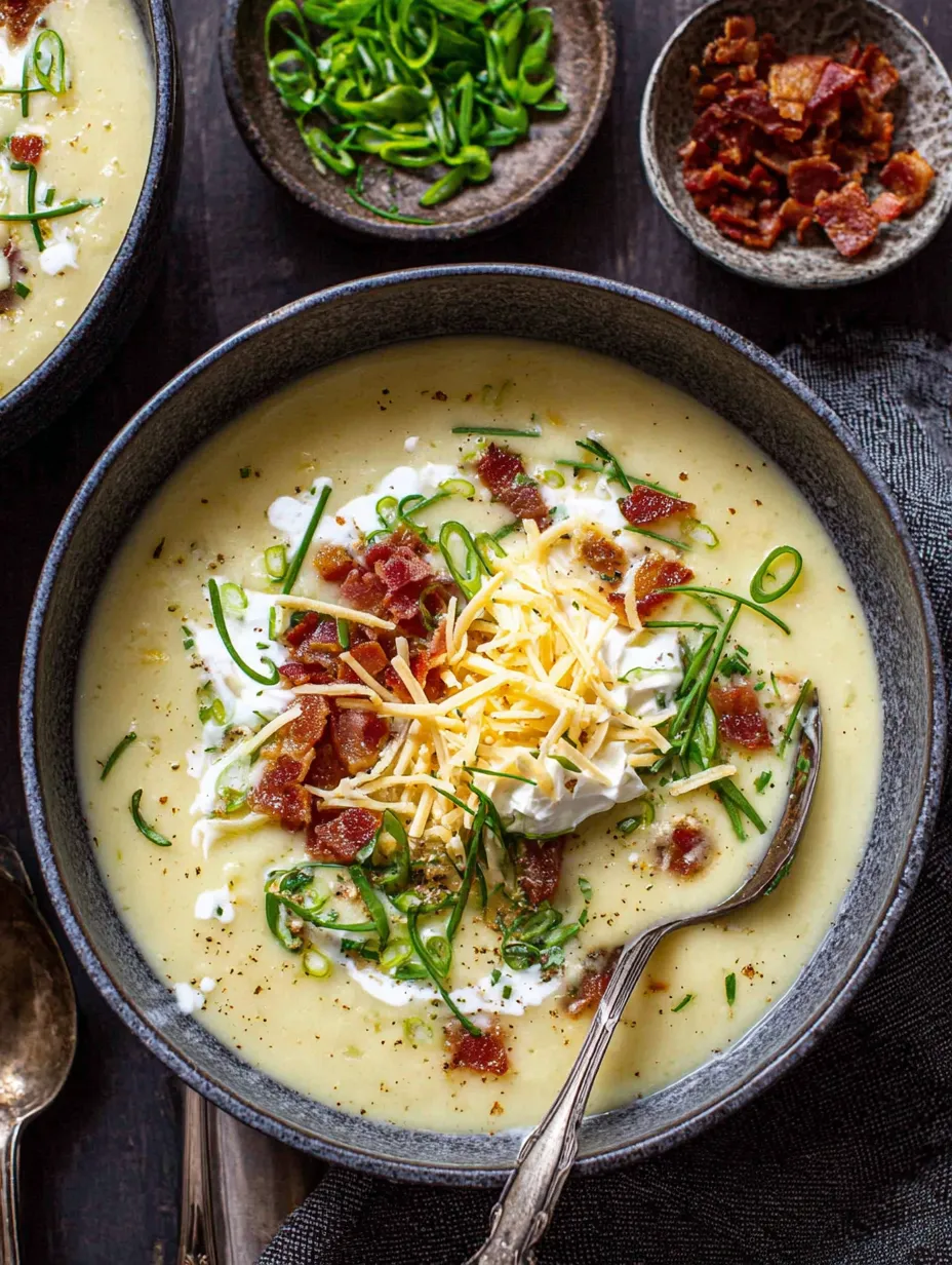 A bowl of soup with cheese and bacon on top.