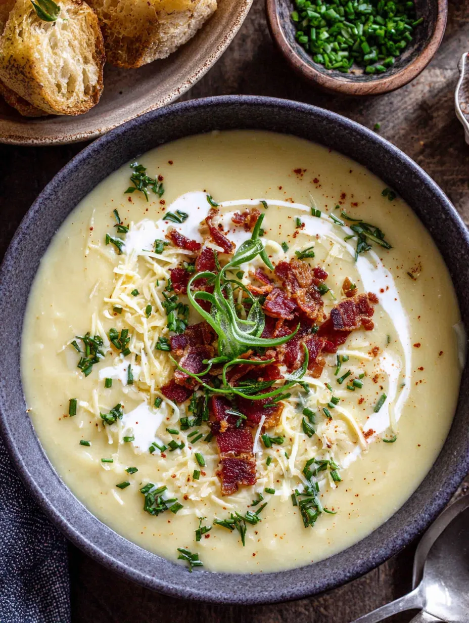 A bowl of soup with bacon and cheese.