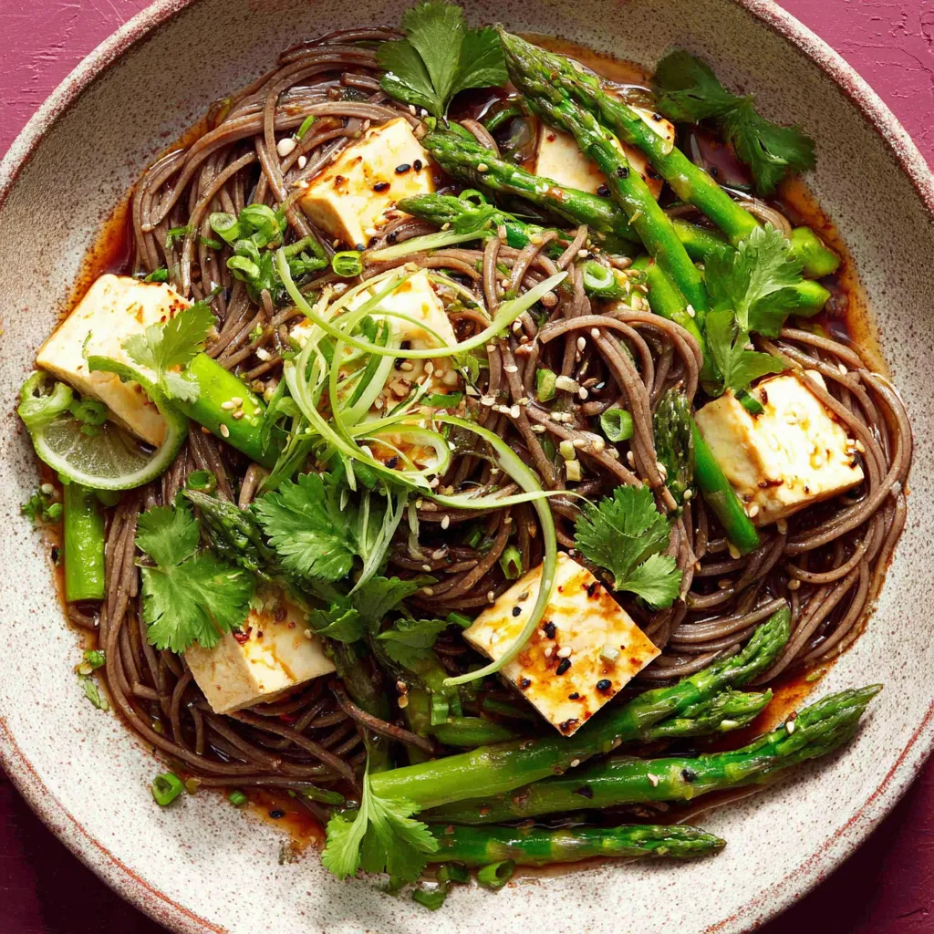 A bowl of noodles with tofu and vegetables.