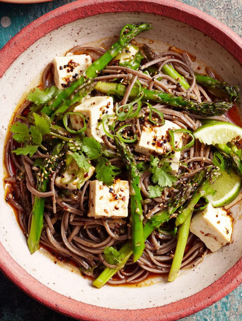 A bowl of noodles with tofu and vegetables.