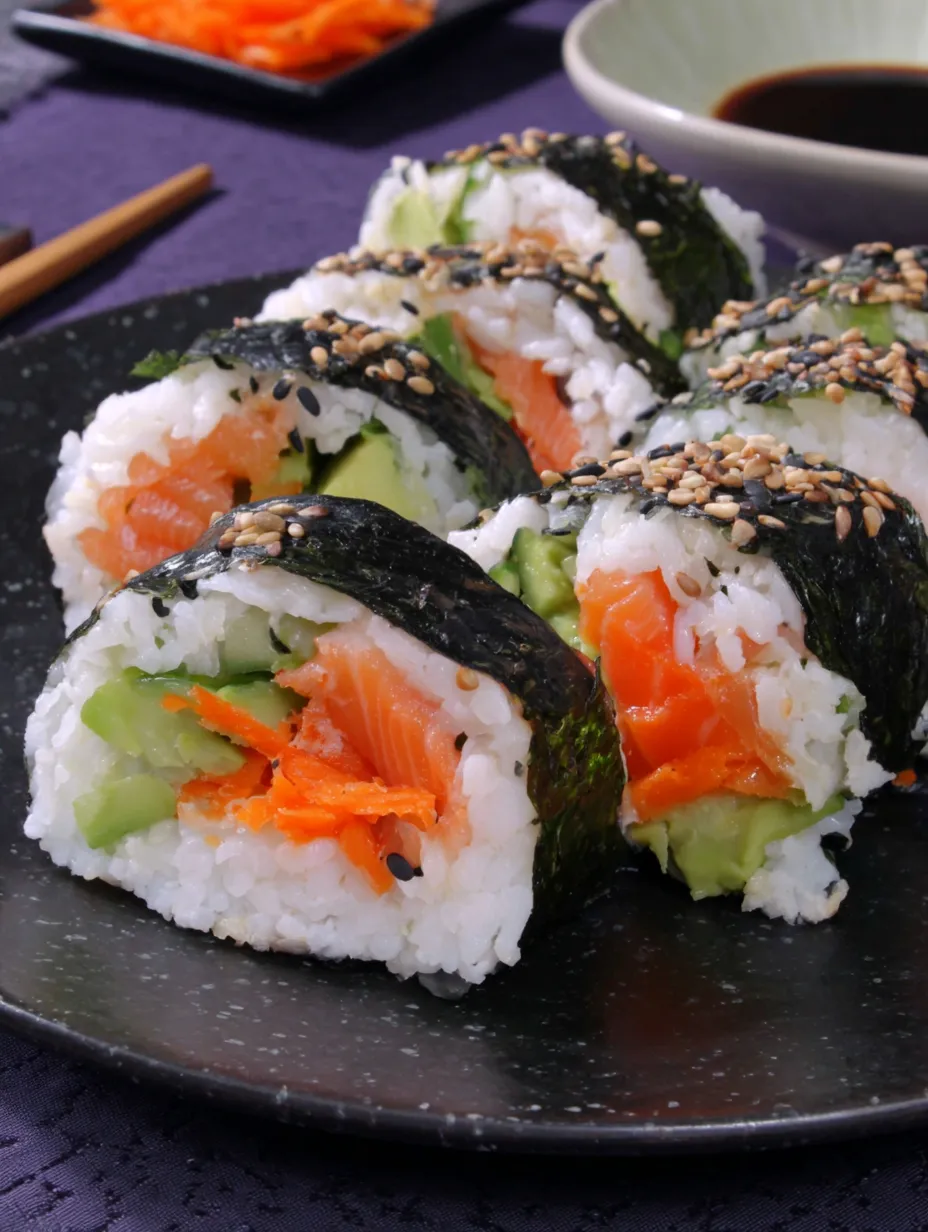 A plate of baked salmon sushi.