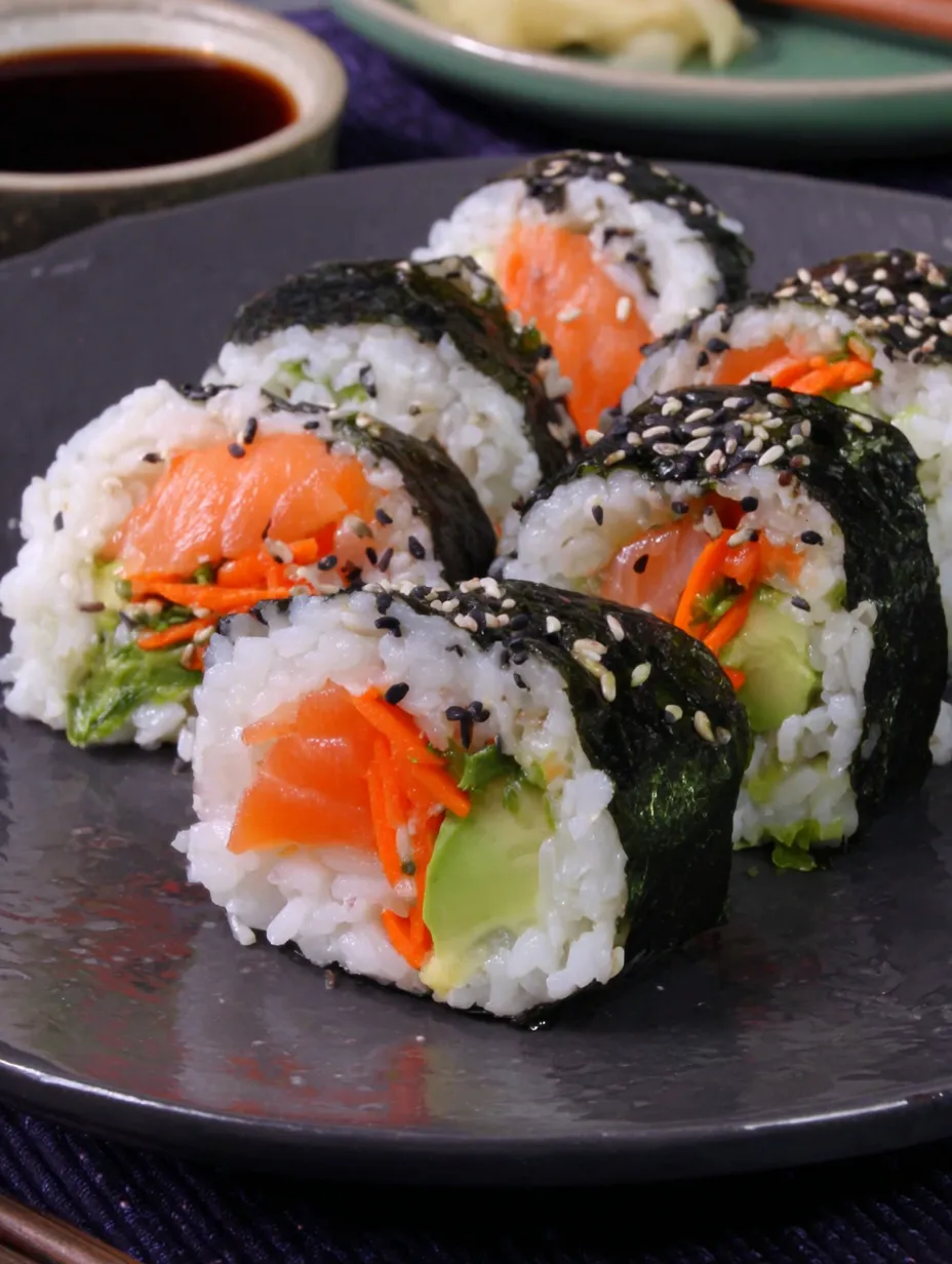 A plate of baked salmon sushi.