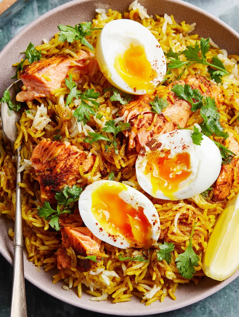 A bowl of wild-salmon kedgeree with eggs.