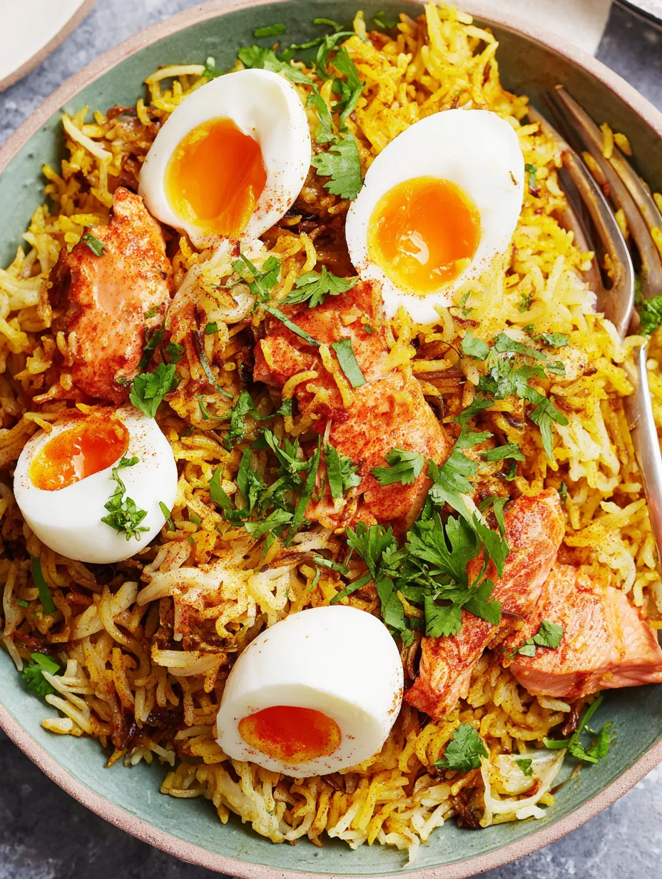 A bowl of wild-salmon kedgeree with eggs and rice.