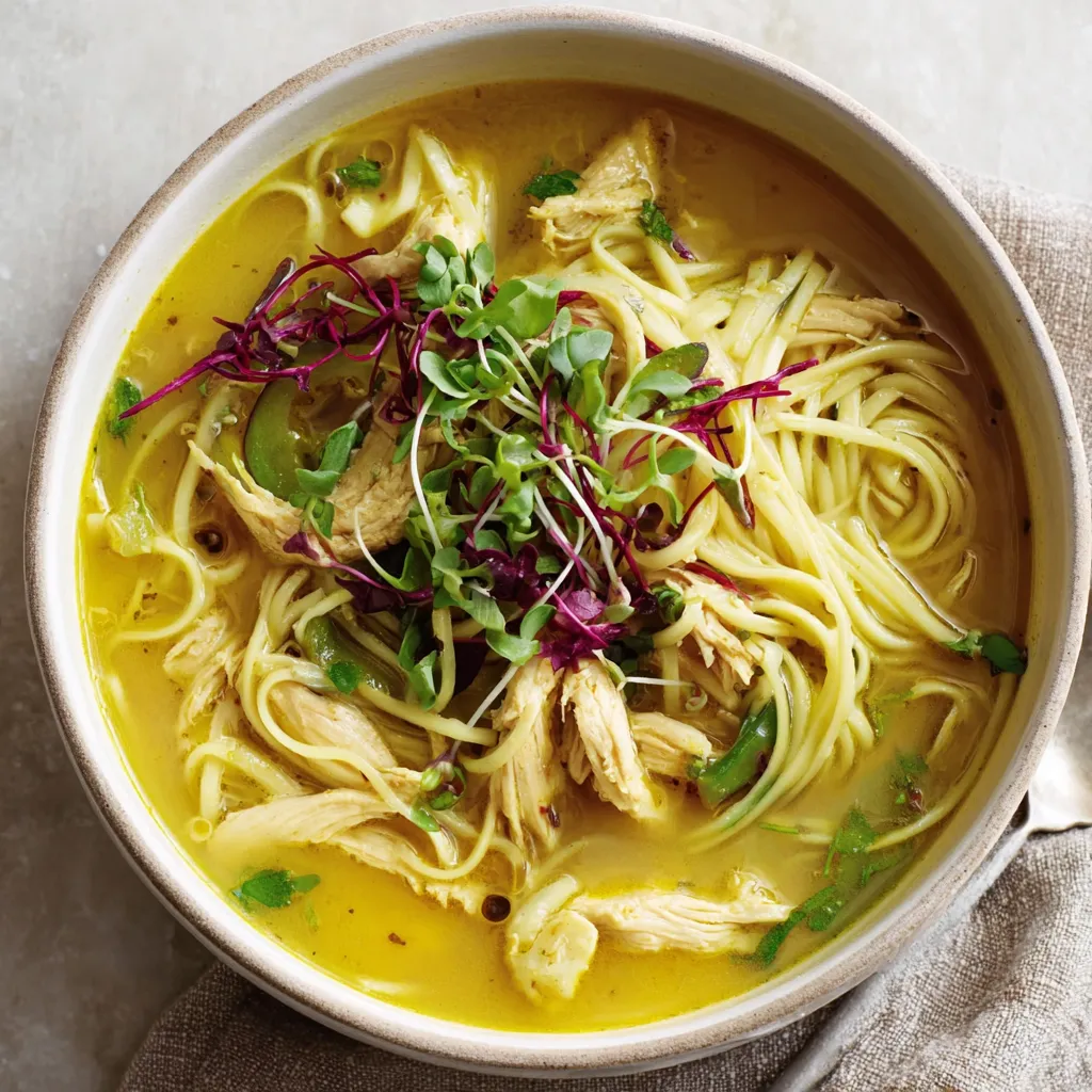 A bowl of soup with noodles and chicken.