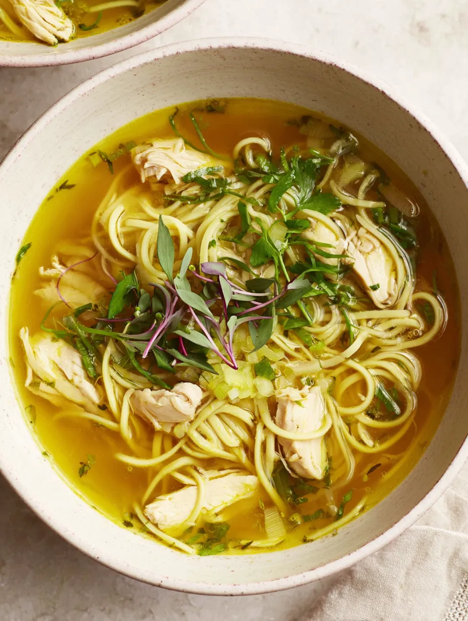 A bowl of soup with chicken and vegetables.