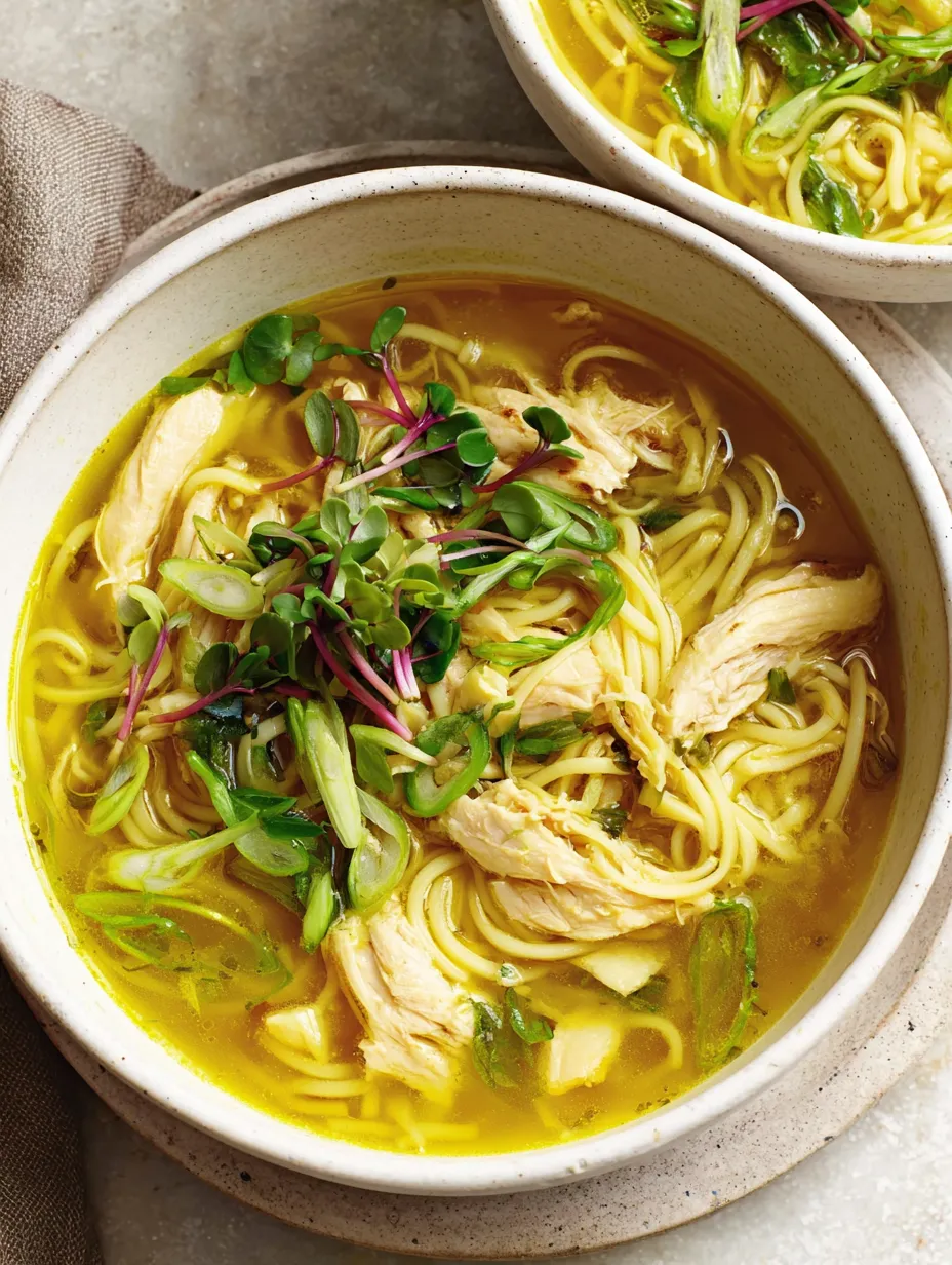 A bowl of soup with chicken and vegetables.