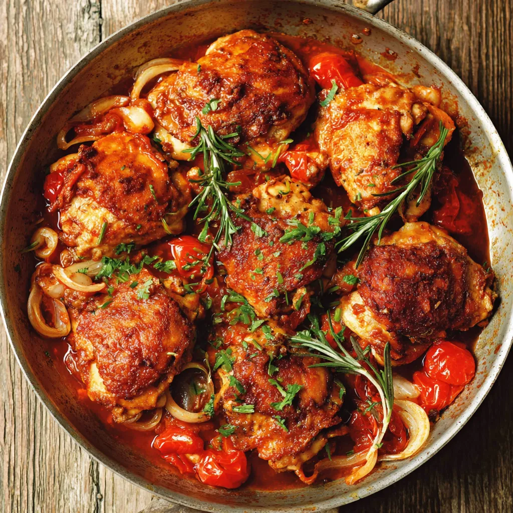 A pan of chicken scarpariello with tomatoes and onions.
