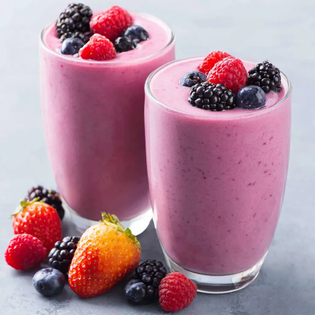Two glasses of smoothie with berries and strawberries.