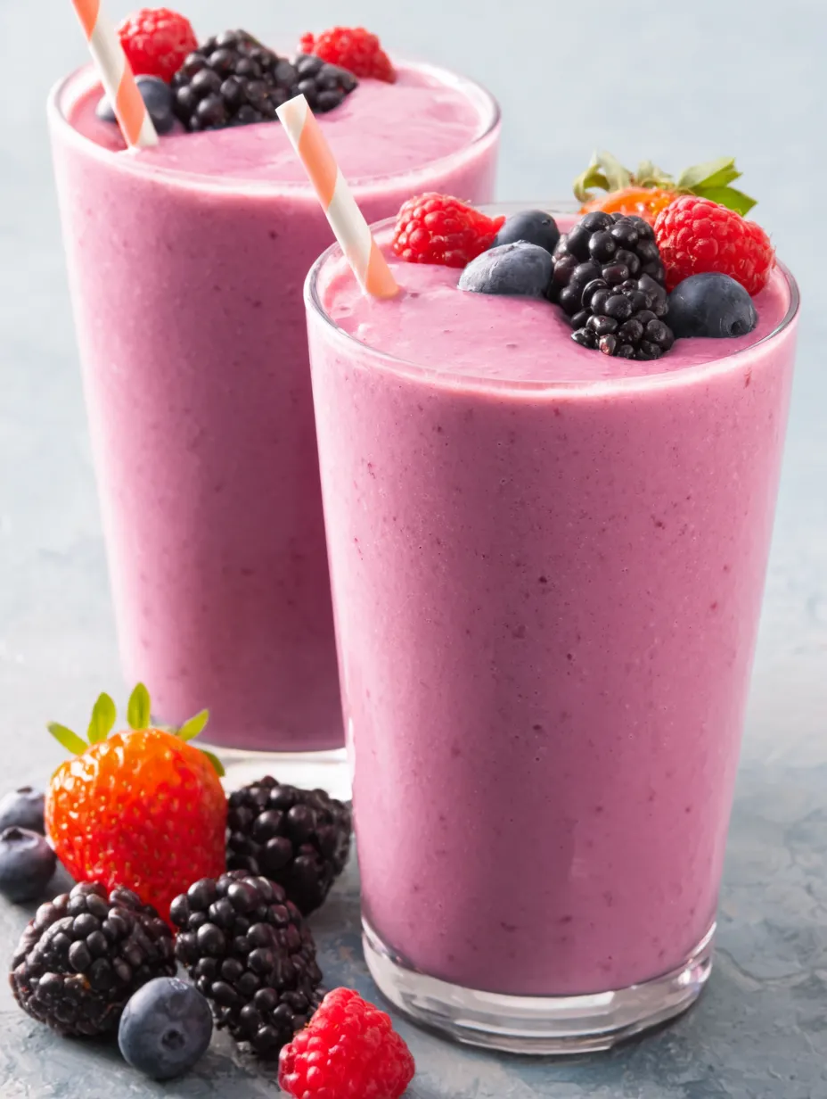 Two glasses of smoothie with strawberries and blueberries.